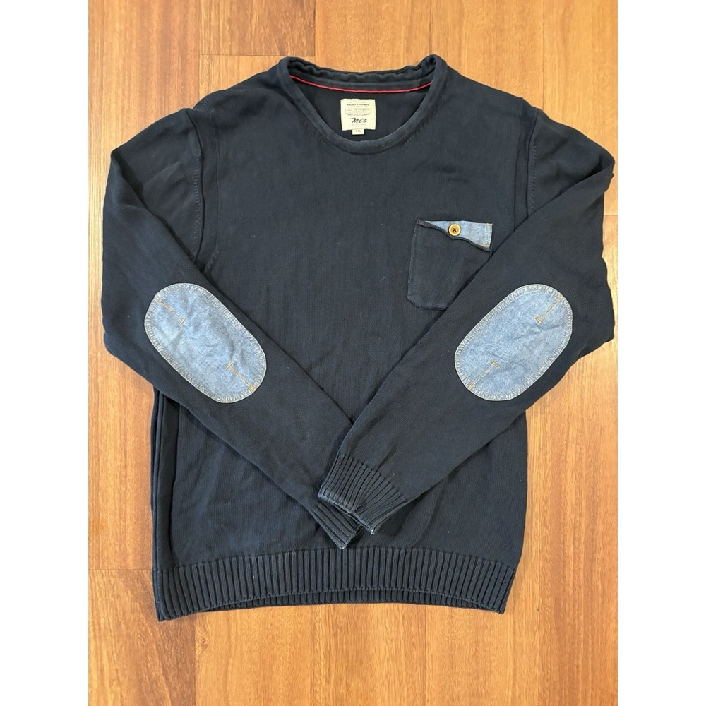 MCS Rugged & Refined Men's XXL Navy‎ Sweater Denim Elbow Patches Pocket
